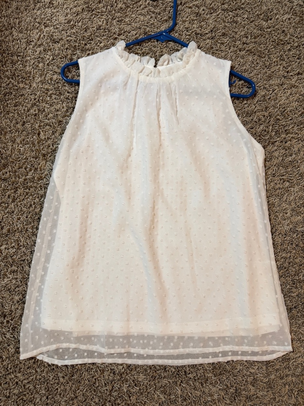 Sleeveless White Swiss Dot Ruffle-Neck Top